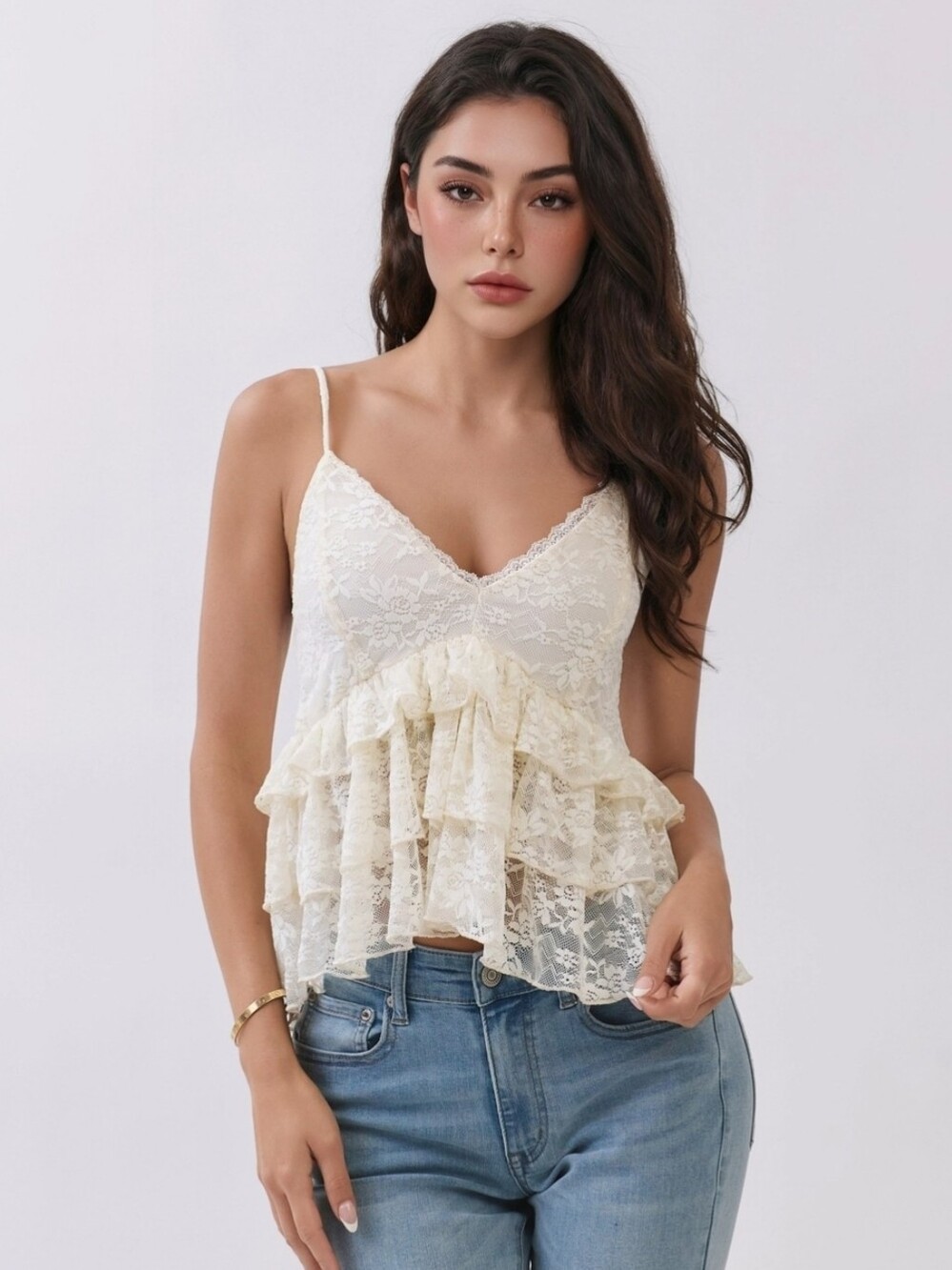 Heart & Hips Cream Lace Ruffle V-Neck Camisole
